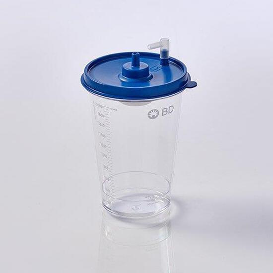 Close-up of the PureWick™ Urine Collection System 2000cc canister with lid and elbow connector image number 2